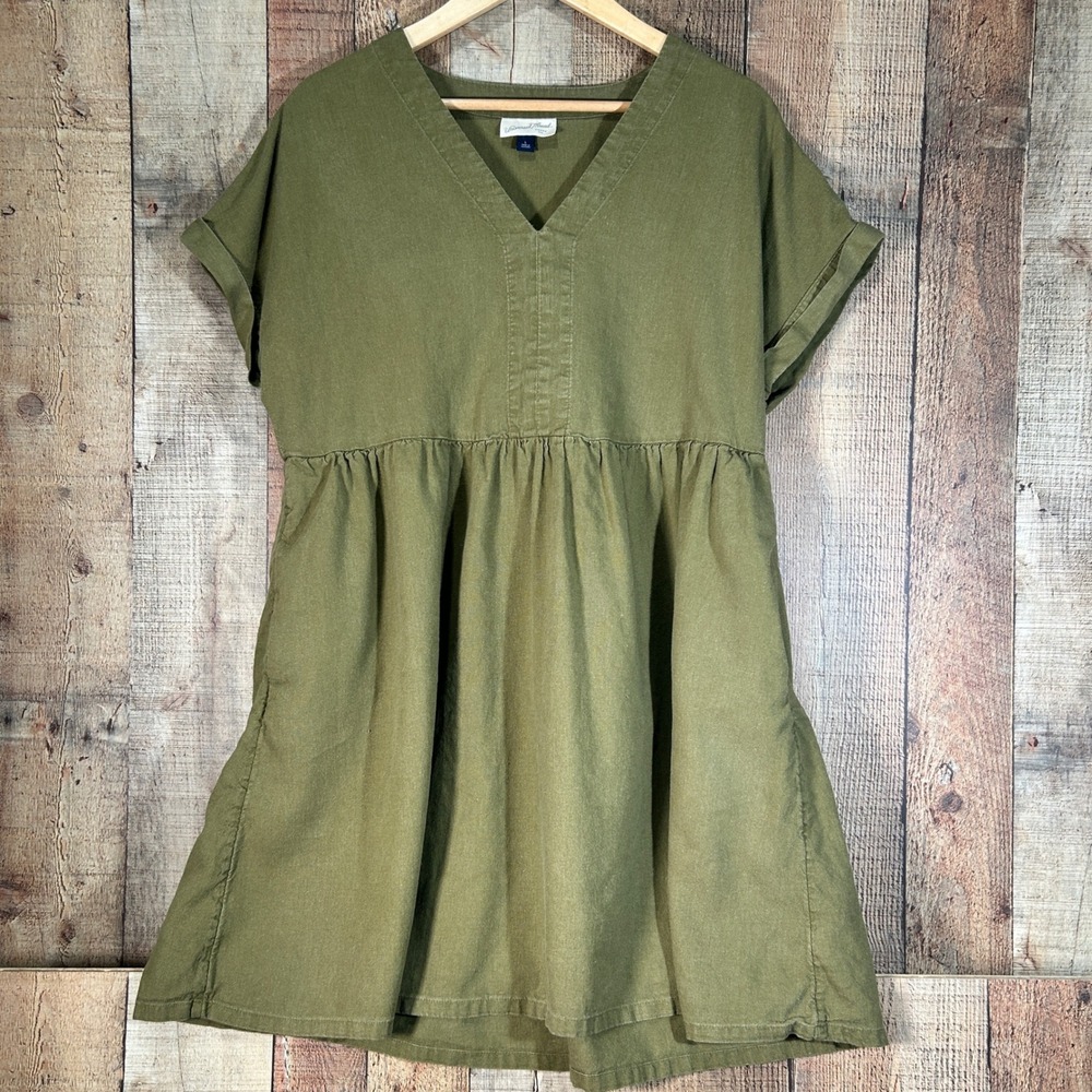 Universal Thread Olive Green Linen Blend V-Neck Babydoll Mini Dress Pockets L